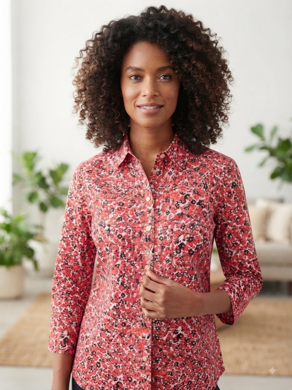 Jones New York Coral Floral Button-Down Shirt No Iron Wrinkle Free